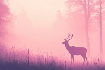 Naklejka premium Majestic deer stands quietly in a pink misty forest during twilight hours, deer against a pink misty evening forest background