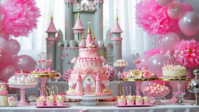 A beautiful classic princess-themed birthday party with an elaborate cake and pastel decorations held indoors in a whimsical castle setting