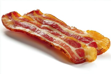 Single crispy bacon strip on white background, curled with golden edges