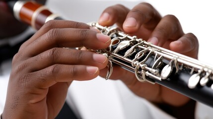 Close-up view of hands skillfully playing the clarinet in formal attire against a clean white background highlighting musical artistry and intricate details