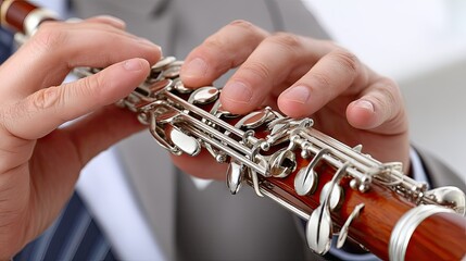 Close-up view of hands skillfully playing the clarinet in formal attire against a clean white background highlighting musical artistry and intricate details