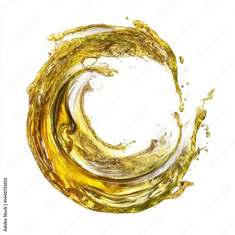 Poster golden liquid swirl on white backdrop creating dynamic circular motion showcasing fluid texture and 