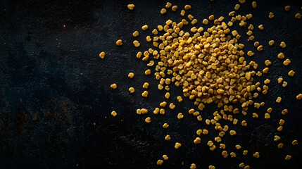 Fototapeta premium A vivid shot of whole fenugreek seeds scattered across a dark surface, their soft yellow hues and natural irregular shapes forming an organic pattern.