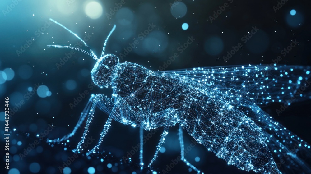 Poster abstract digital locust composed of glowing particles on dark background.