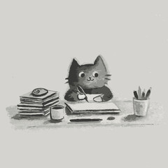 Cat drawing with pencil at a cluttered desk in monochrome style  