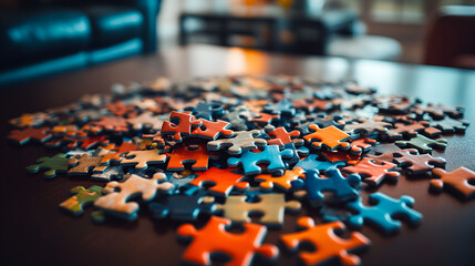 Obraz premium A colorful assortment of jigsaw puzzle pieces scattered on a wooden table, inviting creativity and fun.
