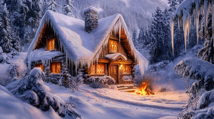 Fototapeta premium A cozy log cabin surrounded by snow-covered trees, with warm lights and a crackling fire, evoking winter solitude.