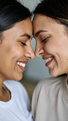 Naklejka premium Close-up of two women gently caressing each other before kissing, celebrating love, equality, and Pride