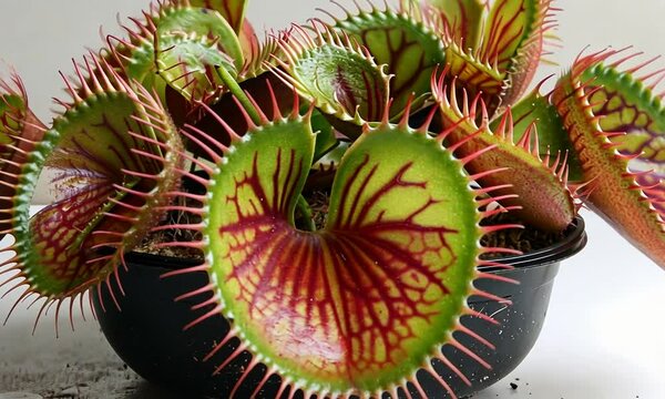 Vibrant Venus Flytrap Arrangement in a Black Pot with a Clean Background Showcasing Nature's Beauty