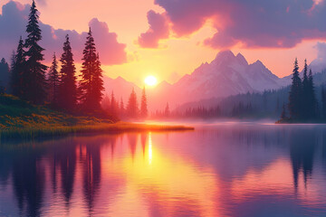 Sunset reflection over serene lake and evergreen trees