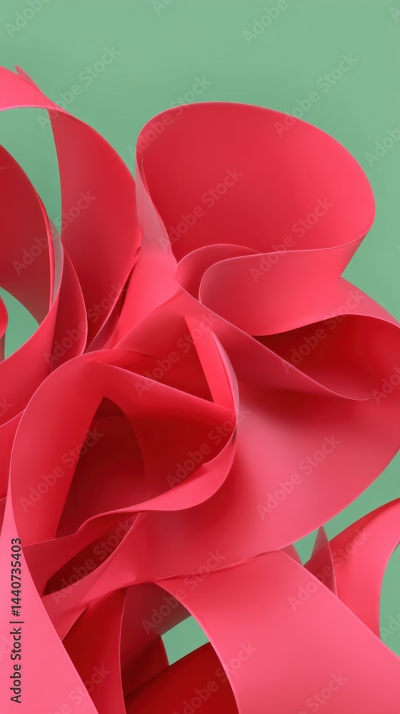Poster abstract red ribbon sculpture on light green backdrop creates a visually striking and modern art pie