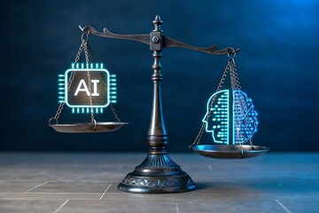Antique Balance Scale Featuring Glowing AI Circuitry Symbol & Pixelated Human Head