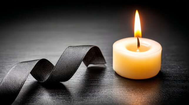Single candle with black ribbon on dark surface symbolizing mourning and remembrance
