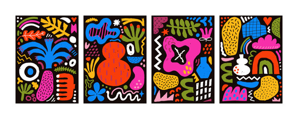 Abstract organic shape poster set with naive geometric doodles.