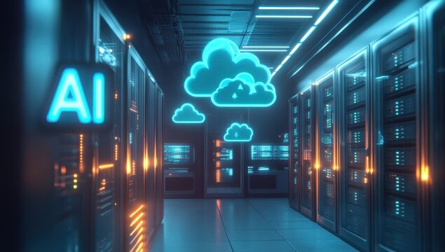 Futuristic server room with AI and cloud computing