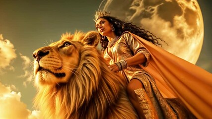 Beautiful and brave Egyptian queen riding a royal lion, bright beauty and bold look of the queen