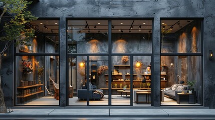 Stylish grey brickwall boutique facade mockup template, with a sophisticated blend of brick and metal finishes, clean and modern 
