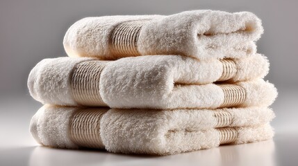 a stack of soft white towels neatly folded on a white isolated background, luxurious and fluffy design