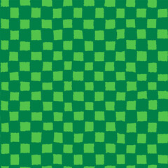 Playful green checker pattern with hand drawn grid, vector seamless background with light green squares on dark green texture in abstract checkerboard style. To use, drag to swatch panel