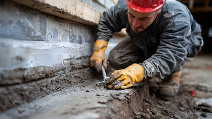 Worker sealing foundation cracks with caulking tools, ensuring structural integrity