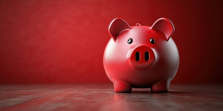 Bright red piggy bank on wooden surface in front of a vivid red background creating a cheerful savings theme