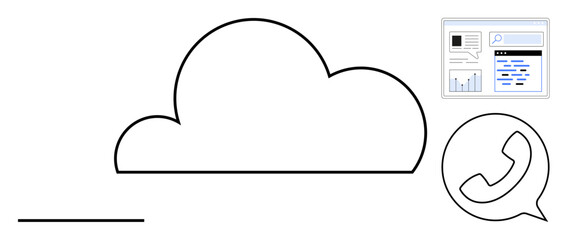 Cloud with a data dashboard and phone in a speech bubble, representing cloud storage, communication, and data analytics. Ideal for technology, networking, business, data sharing, communication cloud