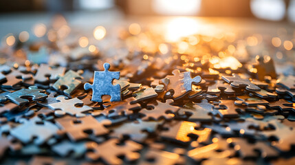 Close-up of scattered puzzle pieces glistening in warm sunlight, evoking a sense of challenge and relaxation.
