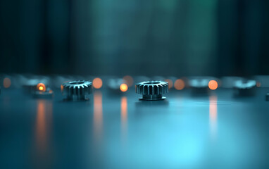 Close-up view of metallic gears illuminated by soft light, showcasing precision engineering and industrial design.