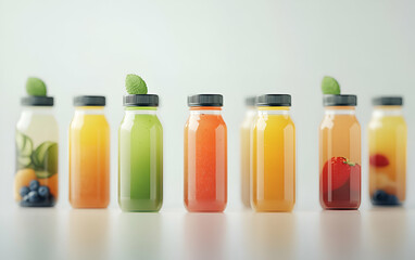 Colorful array of bottled juices showcasing fresh fruit flavors for a refreshing beverage experience.