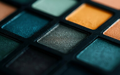 Close-up view of colorful eyeshadow palette with various shades for makeup enthusiasts and beauty lovers.