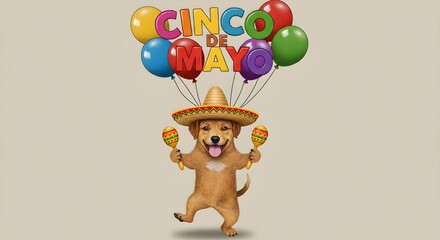 Cute dog celebrating Cinco de Mayo with balloons and maracas  