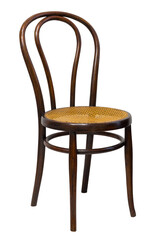 This bentwood chair showcases a sleek design with a woven cane seat, ideal for modern dining rooms or cozy cafes. Its sturdy structure offers both aesthetic appeal and comfort.