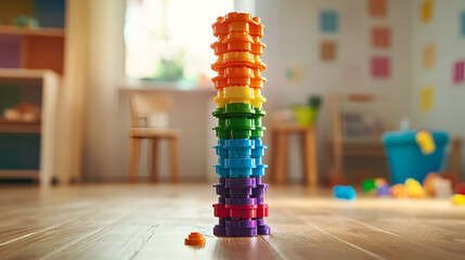 Colorful building blocks stacked in a playful arrangement within a bright indoor environment.