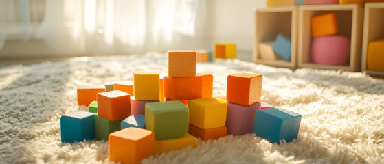 Colorful building blocks scattered on a soft rug in a bright, cheerful room, inviting playful creativity and imagination.