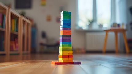 Colorful building blocks stacked in a playful room, promoting creativity and imagination in children.