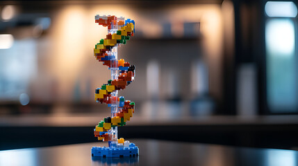 Colorful DNA model built from blocks, symbolizing genetic structure and scientific innovation.