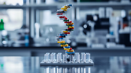 Colorful DNA model created with building blocks, representing genetic research and scientific innovation.