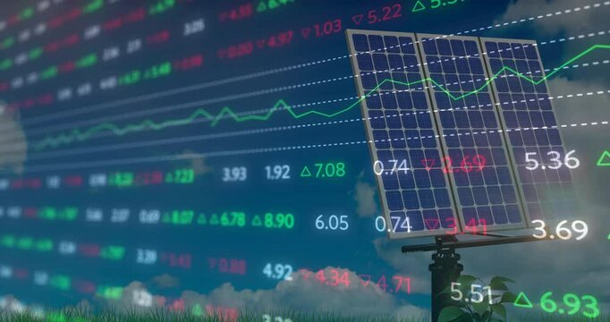Photovoltaic solar panel rising on pole above grassy field showing faint stock numbers arrows grid - Powered by Adobe