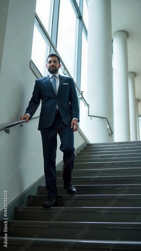 Poster man in a suit is walking up a set of stairs. concept of professionalism and formality, as the man is