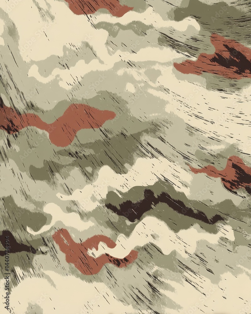 Poster abstract camouflage pattern with earthy tones and brush stroke texture creating a dynamic and modern