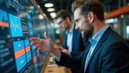 Two men are looking at a computer screen with a lot of numbers and graphs. One of the men is touching the screen with his hand