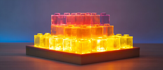 Colorful layered jelly blocks illuminated on a simple wooden surface, creating a playful and inviting atmosphere.