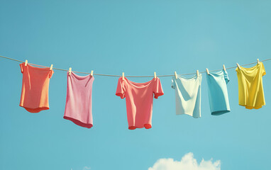 Colorful shirts hanging on a clothesline, blowing gently in the breeze against a clear blue sky.