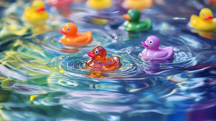 Colorful rubber ducks float playfully in a serene blue pond, creating a cheerful and whimsical atmosphere.