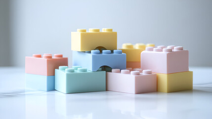 Colorful plastic building blocks stacked artistically on a light surface, inspiring imagination and creativity.
