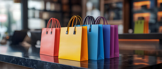 Colorful shopping bags lined up on a table, ready for a fun shopping experience. Perfect for retail and fashion themes.