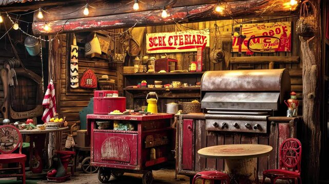 A rustic Texan barbecue setup featuring a vintage grill, colorful decorations, and charming furniture inviting guests to enjoy delicious outdoor cooking at sunset