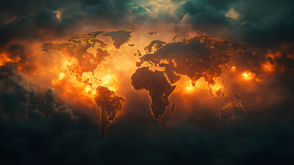 Naklejka premium World map with military planes and explosions, symbolizing global instability