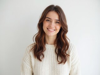 Obraz premium beautiful woman with long brown hair is smiling and wearing a white sweater. She looks happy and content