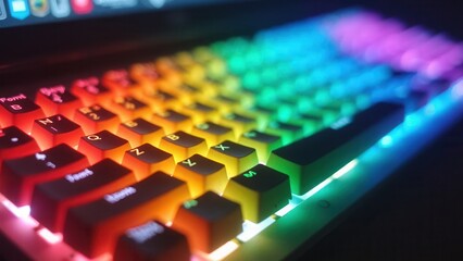 Obraz premium Rainbow keyboard with a rainbow glow. The keyboard is lit up and has a rainbow color scheme
